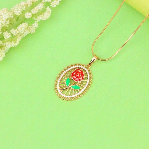 "Rose Gold Oval Pendant with Red Rose and Green Leaf Enamel Design, XPPT1379 - Picture 13 of 13